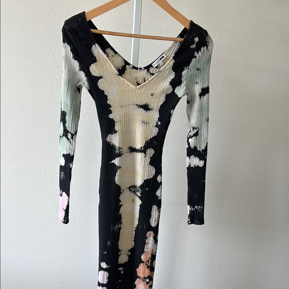 Ribbed Tie-Dye Dress L Bodycon V-Neck Bleach Wash Grunge Indie Sleaze Streetwear - Picture 5 of 13